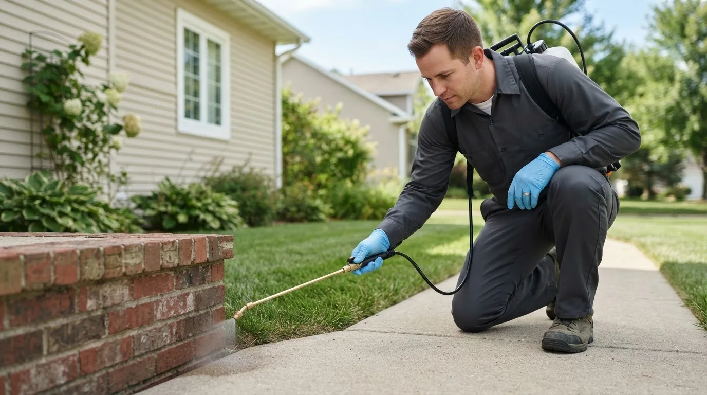 Pest control technician treating a home near Inglis, FL